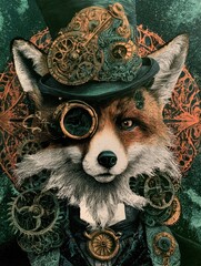Obraz premium steampunk fox portrait wearing top hat monocle and complex bronze mechanical brass gears ornate vintage Victorian industrial fantasy animal artwork detailed dark gothic retro machinery engraving art