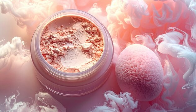 Open loose face powder jar with cosmetic puff viewed from above