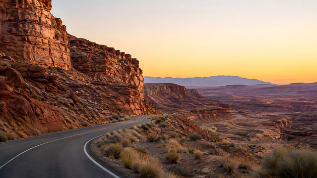 Winding Desert Road Through Red Rock Canyon at Sunrise