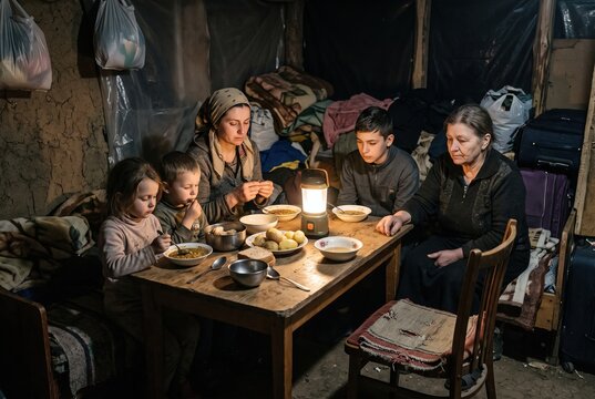 Family members sit around a table in a simple shelter, eating bowls of food together. The environment is dimly lit, with few personal items visible.