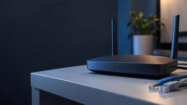 Wireless Router on Desk With Dark Copy Space
