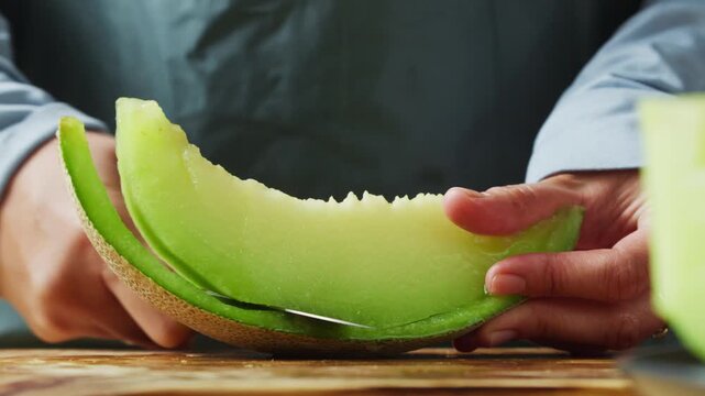 Cutting fresh honeydew melon rind on wooden cutting board