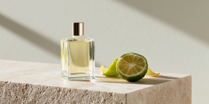Citrus perfume bottle with bergamot fruit