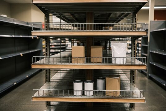 Shelves in a store are mostly empty with few items like boxes and cans. The scene shows the impact of war on supplies. The store is located in a city