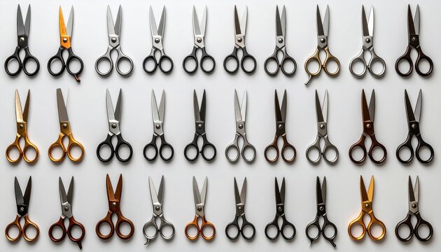 Different types of metal scissors with varied shapes and functional cutting designs