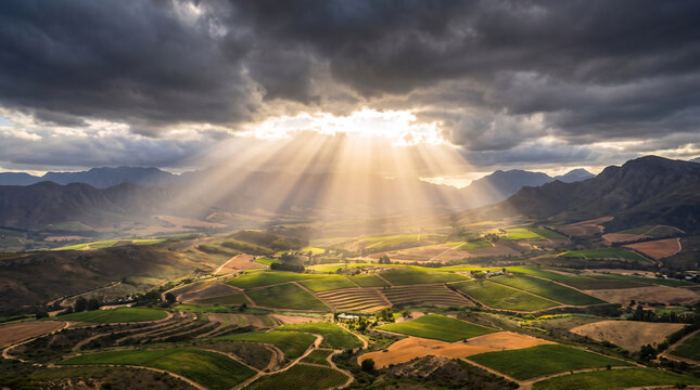 Sun rays breaking through storm clouds over a terraced farmland valley