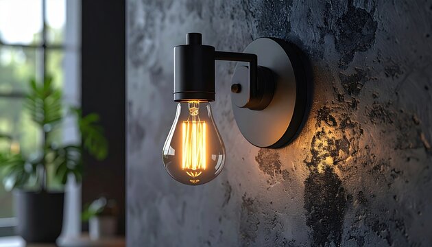 Minimalist black wall sconce with glowing Edison bulb
