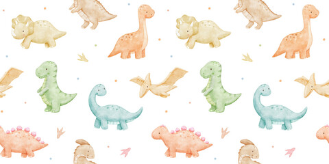 Seamless pattern with cute baby dinosaurs . Watercolour repeating nursery banner for kids. Isolated colorful illustrations © Elena