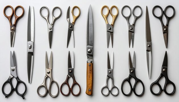 Different types of metal scissors with varied shapes and functional cutting designs