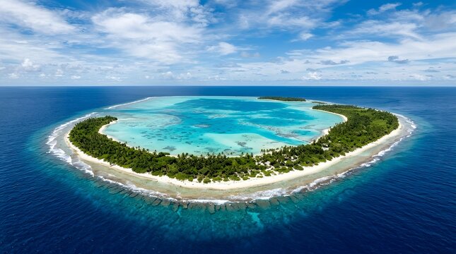 Aerial drone view of remote tropical island atoll.