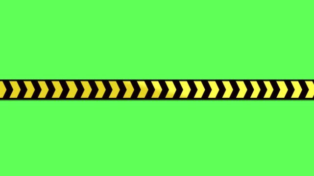 Flat vector animated horizontal warning tape featuring black and yellow chevron arrow patterns moving continuously against a green screen background