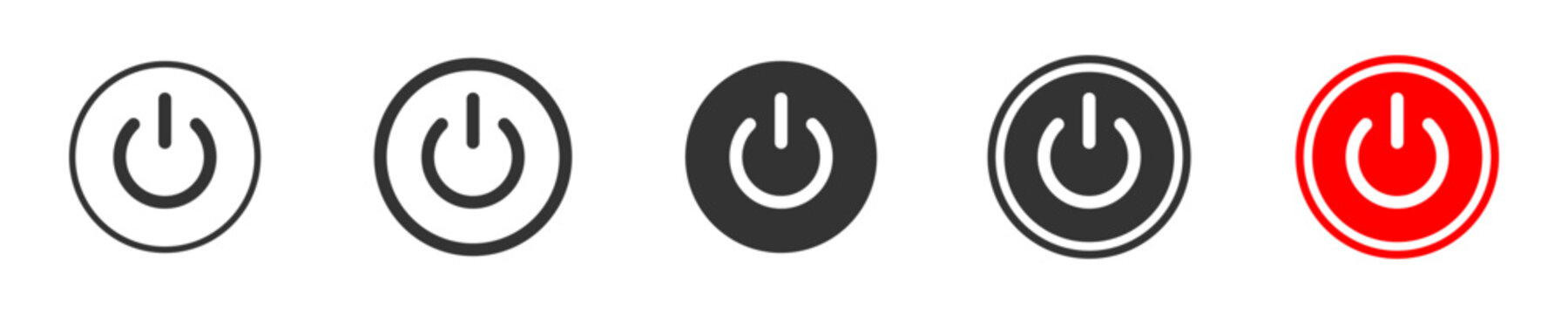Power button icon set with on off switch and shutdown symbols in outline solid black and red styles vector illustration
