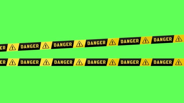 Flat vector animated double parallel yellow hazard warning tapes featuring black text "DANGER" and warning triangles moving against a green screen background