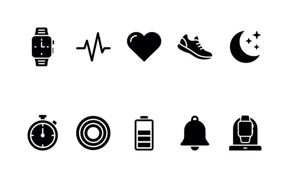 Smartwatch Health Monitor, solid glyph icon set featuring smartwatch, heart rate wave, heart symbol, step counter shoe, sleep moon, timer, activity ring, battery, notification bell and charging dock,
