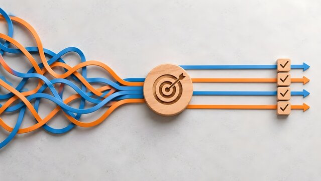 Tangled lines converting into straight arrows through a target showing chaos to order and successful problem solving