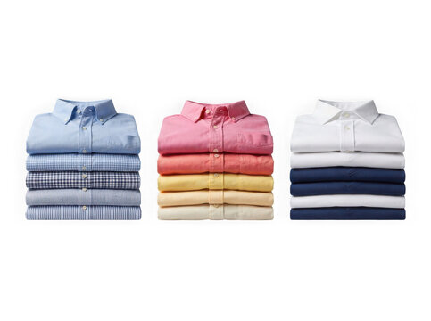 Three neat stacks of folded colorful business shirts in blue pink and white isolated on transparent background