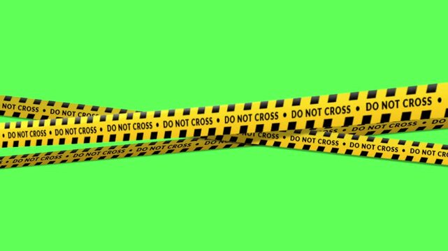Flat vector animated crossed yellow and black hazard tapes with the text "DO NOT CROSS" moving against a green screen background