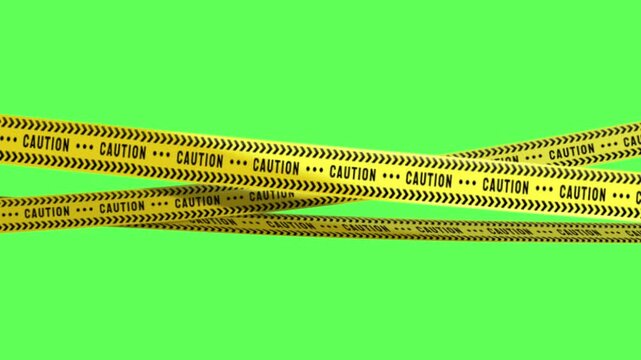 3D animated crossed yellow hazard tapes featuring the text "CAUTION" looping and waving against a green screen background