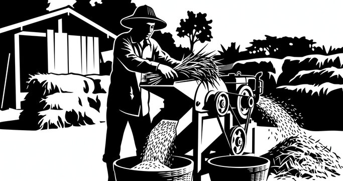 Black Silhouette of Farmer Processing Harvested Rice Grain
