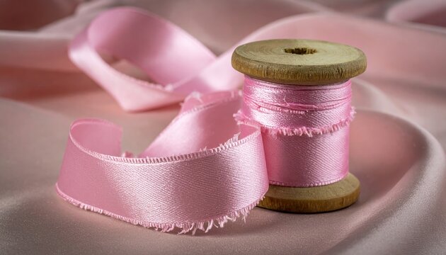 Pink frayed silk ribbon on wooden spool with delicate craft texture