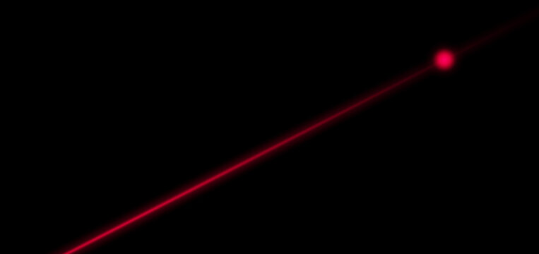 Diagonal red laser beam with glowing pointer dot element isolated on black background 