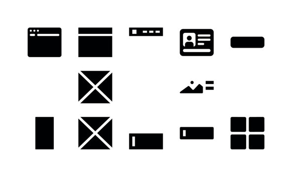 Website Layout Elements, solid glyph icon set featuring browser window, hero panel, navigation bar, content card, button, sidebar, image placeholder, footer block, form field and grid module, covering