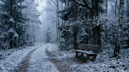 Naklejka premium Empty wooden bench on a snowy forest path in winter.