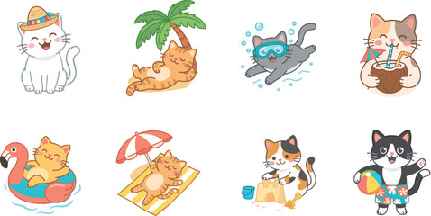 Obraz premium Cute Summer Cat Character Vector Set Featuring Kittens Relaxing on Beach Floating in Pool Building Sandcastles and Drinking Coconut Water for Vacation Designs