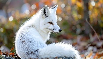 Fototapeta premium White nine-tailed fox kitsune sitting elegantly, Japanese folklore spirit animal