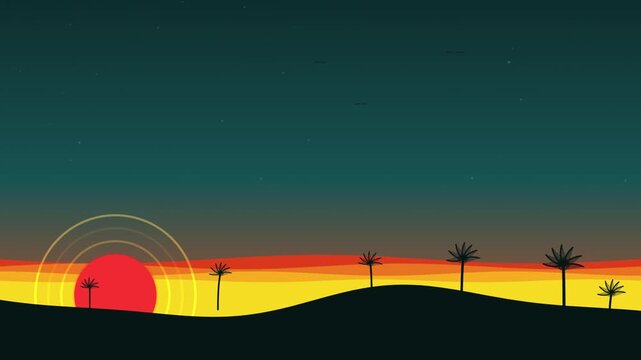 Minimalist digital illustration of a sunset landscape with silhouetted palm trees minimalist art evening scenery tropical sunset flat illustration starry sky