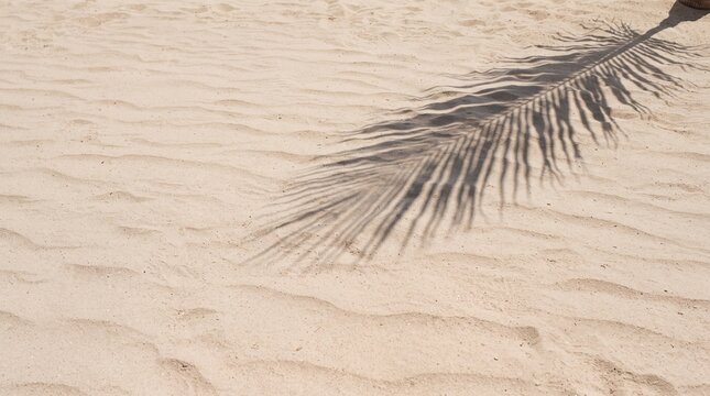 Natural palm tree shadow cast on beige sandy beach sand ripples texture background