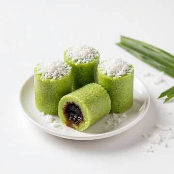 Traditional Indonesian kue putu, a green steamed rice flour cake filled with melted palm sugar and served with freshly grated coconut