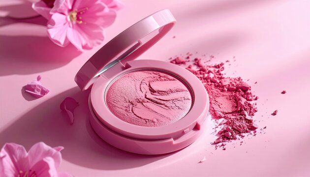 Pink pressed powder blush makeup compact with elegant cosmetic packaging