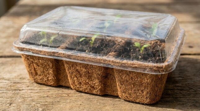coconut coir biodegradable packaging Seedlings growing in soil inside a plastic greenhouse tray on wooden surface