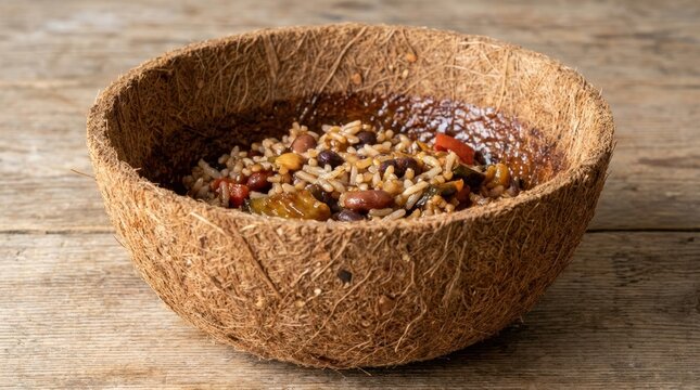 coconut coir biodegradable packaging A textured bowl filled with mixed grains and seeds on a wooden surface.