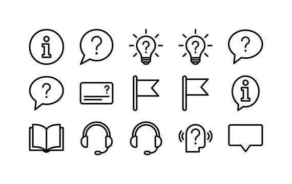 Information Help Symbols, line icon set featuring information circle, help bubble, hint bulb, question bubble, tip card, annotation flag, guide book, support icon and tooltip marker, covering