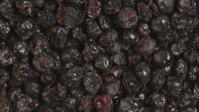 Rotating freeze-dried blueberries shot in top-down macro close-up under bright studio lighting. Textured dark purple dehydrated berries fill the entire frame