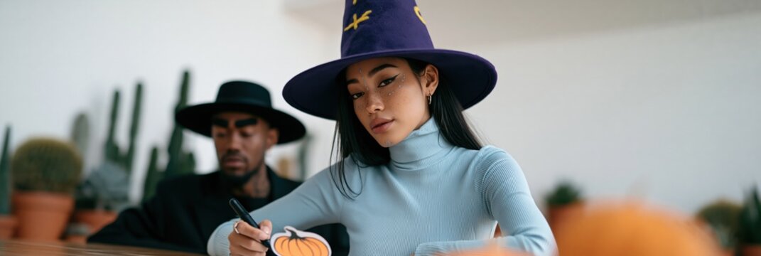 Panorama of young woman and man crafting pumpkins for halloween activity with witch hat at long table for seasonal party and family fun
