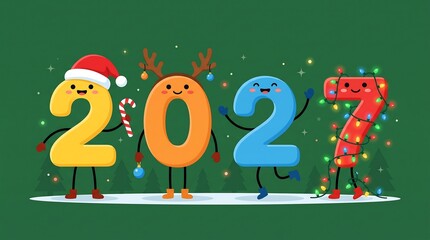 Fototapeta premium Cute cartoon character numbers 2027 celebrating holiday season wearing santa hat antlers and string lights