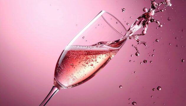 Pink champagne splashing inside tilted flute glass for elegant celebration concepts