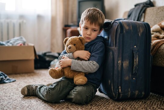 A child sits on the floor next to a suitcase, holding a teddy bear. The room has a tired look, with boxes and clothes scattered around. This scene