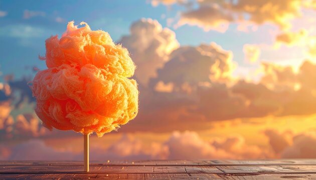 Fluffy orange cotton candy on a wooden stick