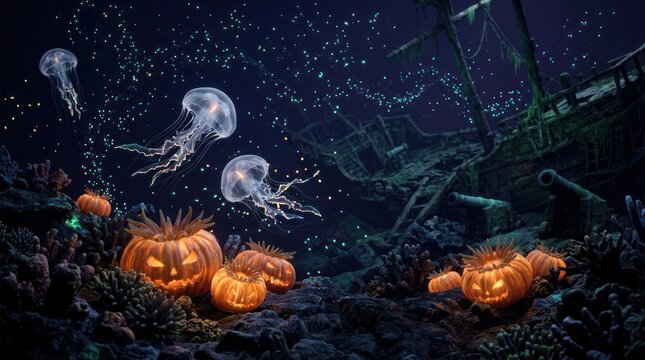 Glowing underwater jack-o-lanterns with jellyfish and shipwreck.