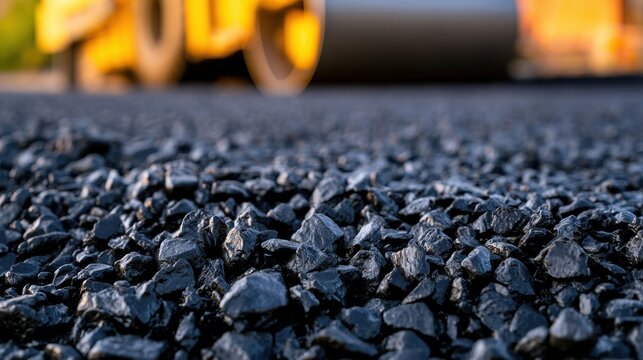 Close-up view of black asphalt aggregate with a rolling machine in the background