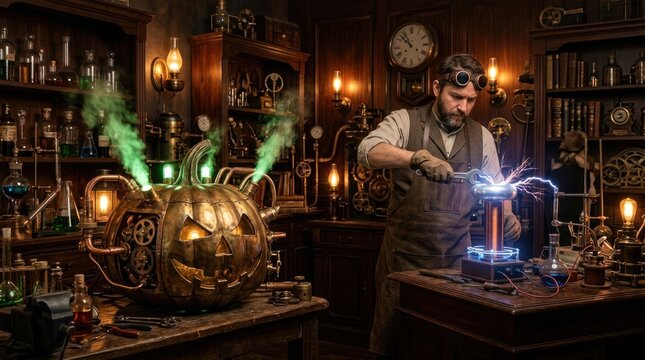 Steampunk scientist experiments with glowing mechanical pumpkin in laboratory.