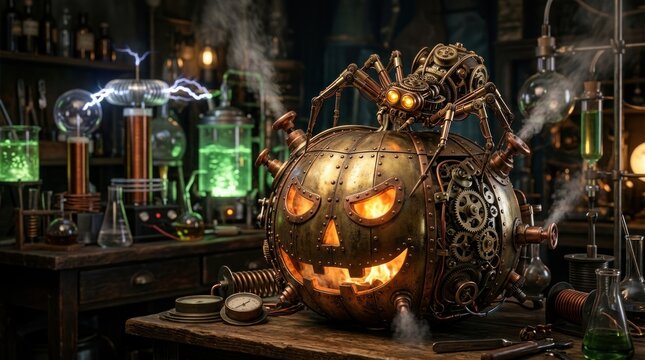 Steampunk mechanical pumpkin in mad scientist laboratory setting.