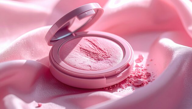 Pink pressed powder blush makeup compact with elegant cosmetic packaging