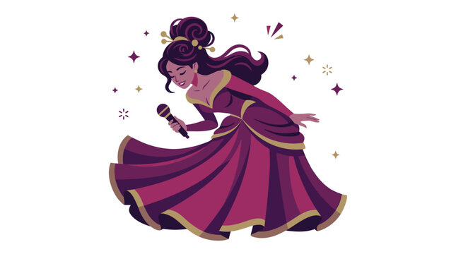 Elegant Woman Singing with Microphone in Ball Gown, Starry Night Performance