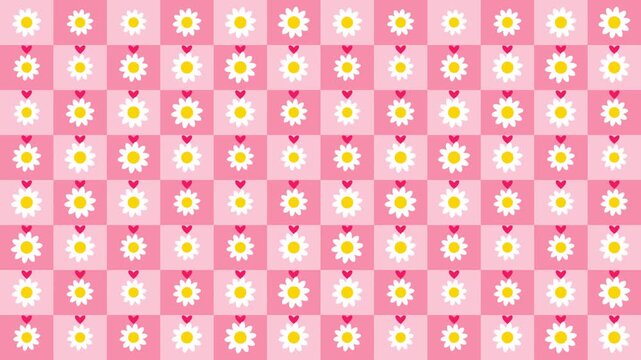 Seamless pattern of white daisies with small hearts on a pink checkered background daisy pattern white flowers heart symbols cute floral spring pattern