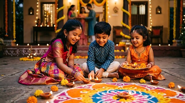 Diwali festival photo of Indian children lighting diyas beside rangoli pattern during traditional celebration